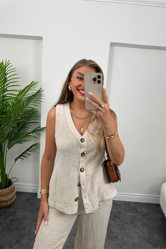 Massi Model Naturel Kumaş Yırtmaçlı Yelek Palazzo Takım