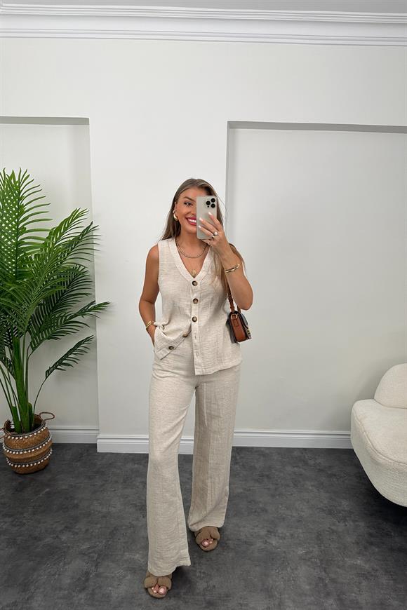 Massi Model Naturel Kumaş Yırtmaçlı Yelek Palazzo Takım