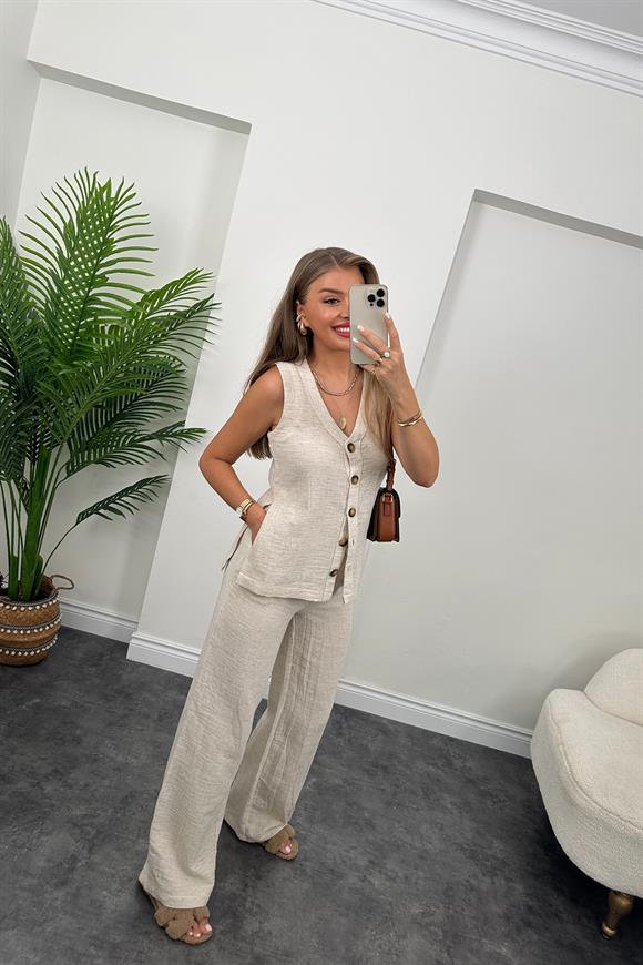 Massi Model Naturel Kumaş Yırtmaçlı Yelek Palazzo Takım