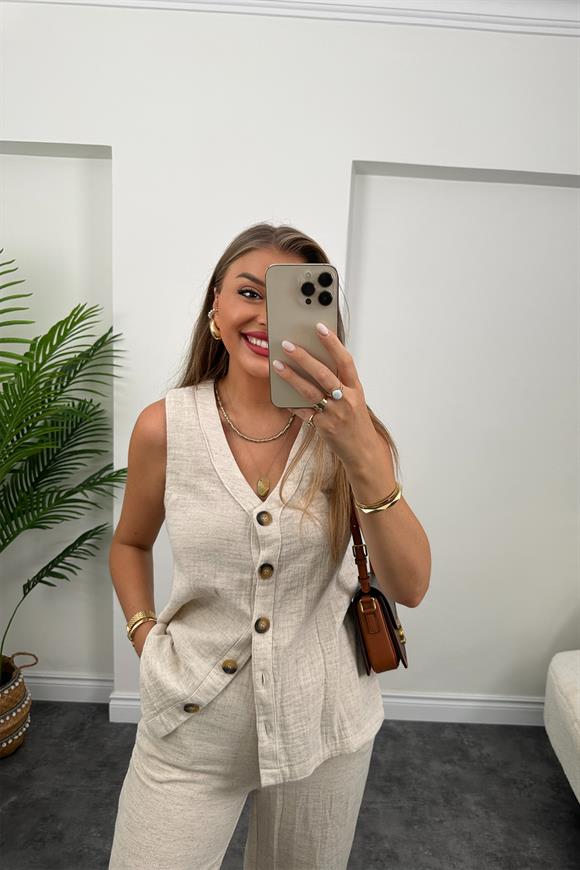 Massi Model Naturel Kumaş Yırtmaçlı Yelek Palazzo Takım