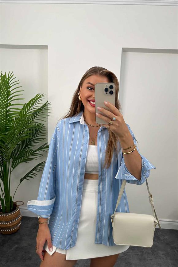 Mavi Beyaz Çizgili Poplin Gömlek