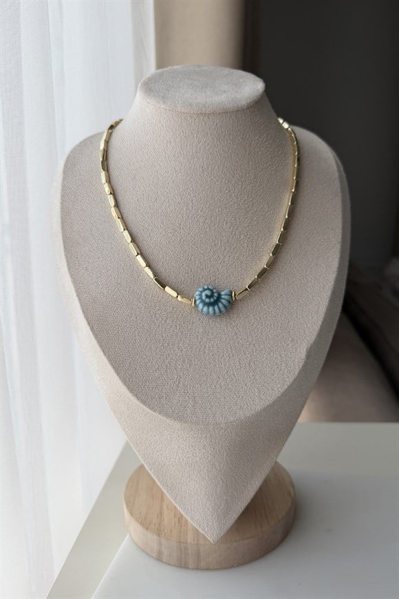 Mavi Seramik Taşlı Salyangoz Kolye