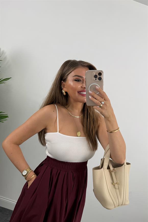 Maxi Boy Beli Kalın Lastikli Basic Kloş Poplin Etek Bordo