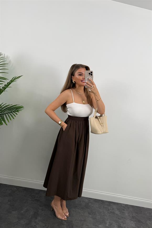 Maxi Boy Beli Kalın Lastikli Basic Kloş Poplin Etek Kahverengi