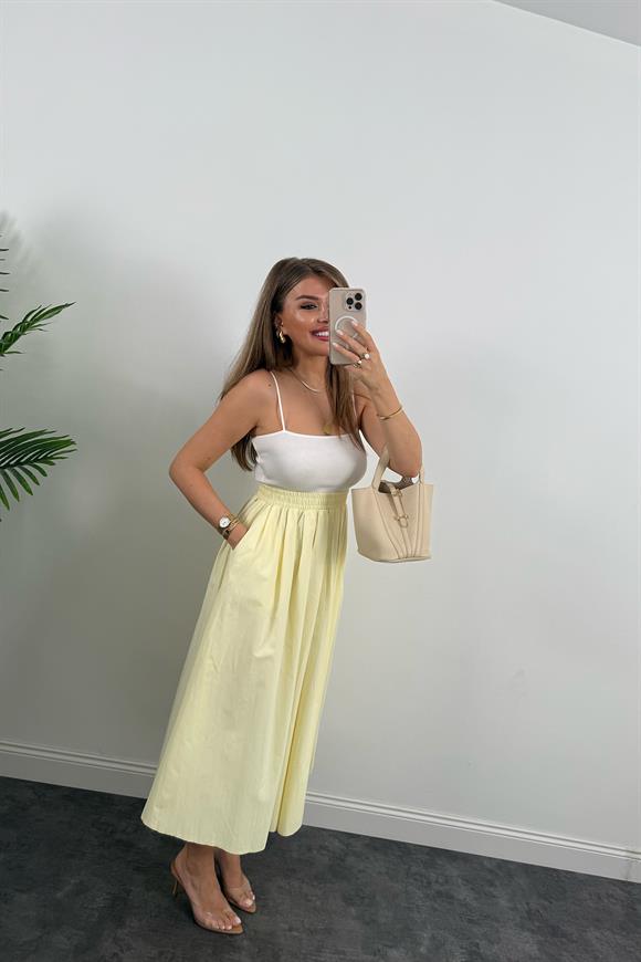 Maxi Boy Beli Kalın Lastikli Basic Kloş Poplin Etek Sarı