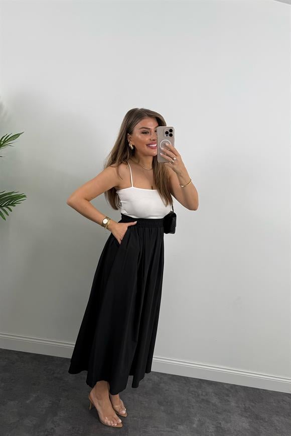 Maxi Boy Beli Kalın Lastikli Basic Kloş Poplin Etek Siyah 