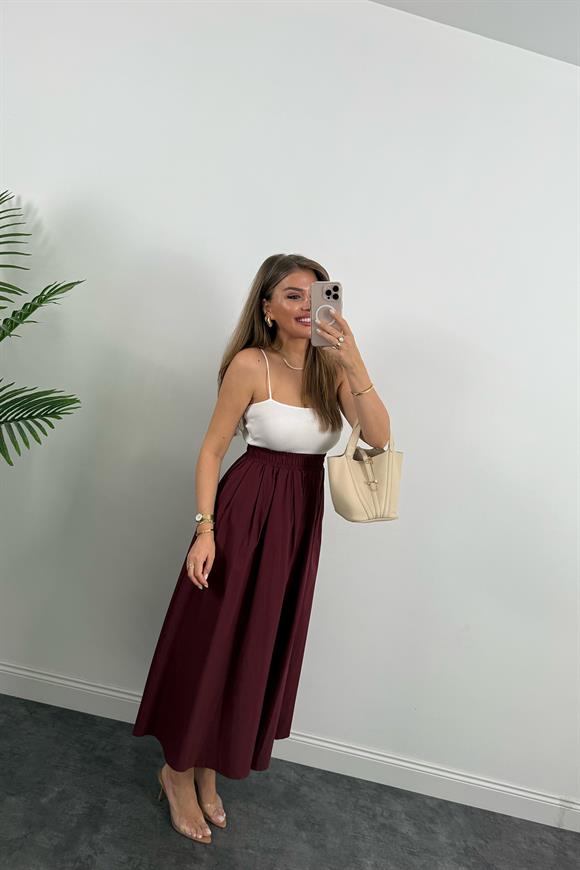 Maxi Boy Beli Kalın Lastikli Basic Kloş Poplin Etek Bordo
