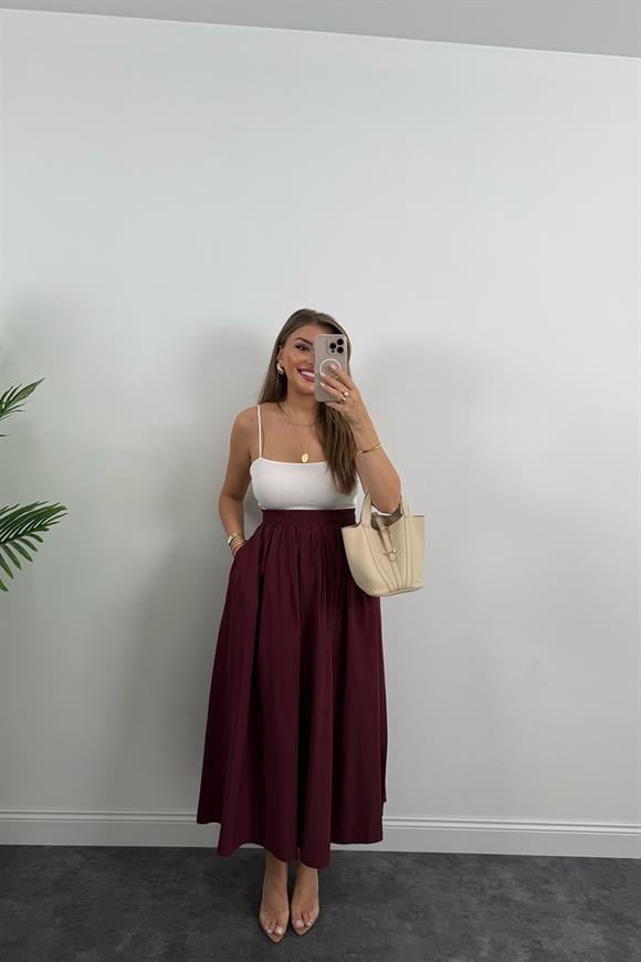 Maxi Boy Beli Kalın Lastikli Basic Kloş Poplin Etek Bordo