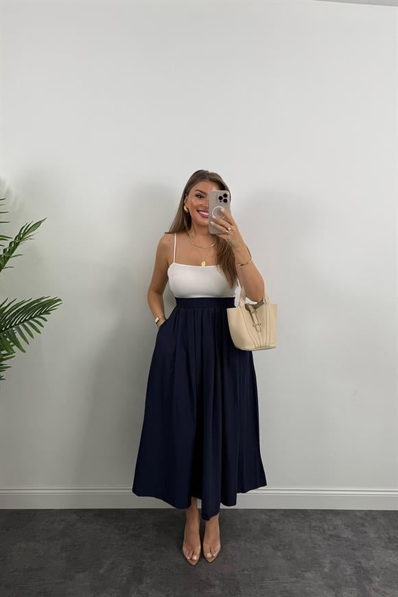 Maxi Boy Beli Kalın Lastikli Basic Kloş Poplin Etek Lacivert 