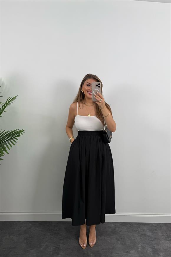 Maxi Boy Beli Kalın Lastikli Basic Kloş Poplin Etek Siyah 