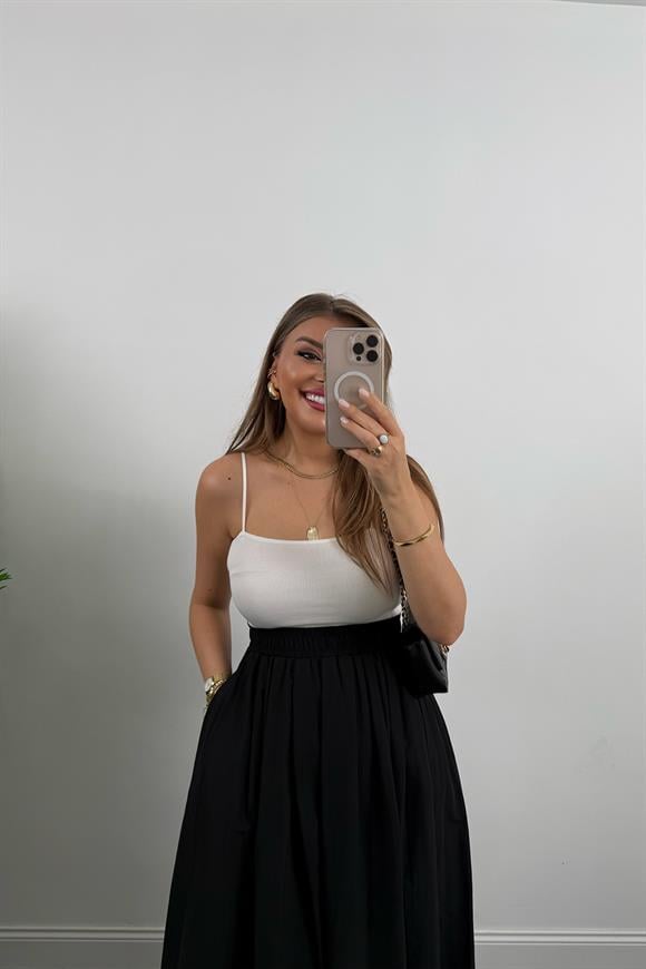 Maxi Boy Beli Kalın Lastikli Basic Kloş Poplin Etek Siyah 