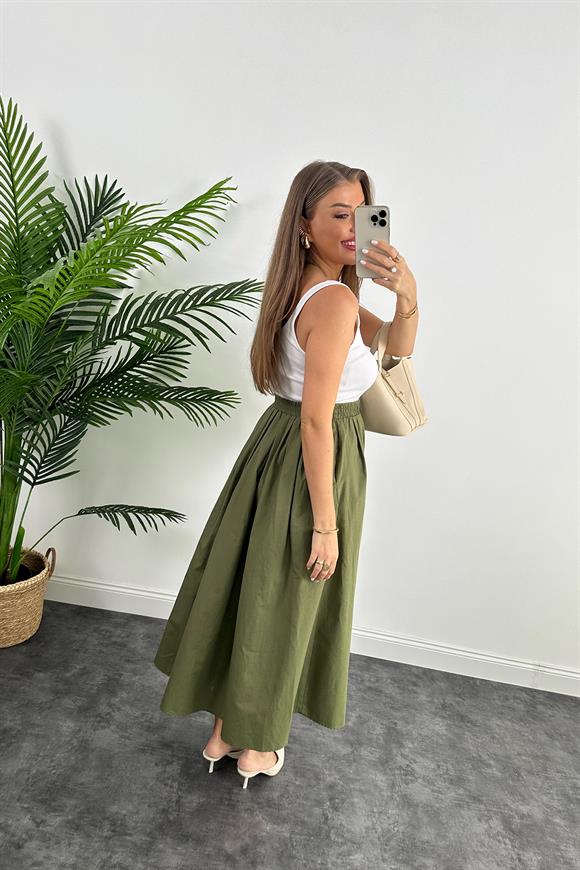 Maxi Boy Beli Kalın Lastikli Basic Kloş Poplin Etek Haki