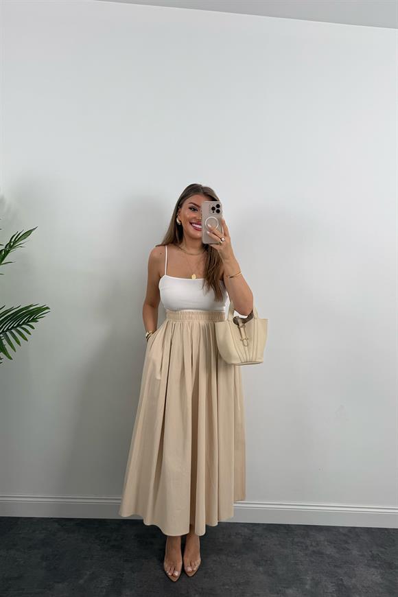 Maxi Boy Beli Kalın Lastikli Basic Kloş Poplin Etek Taş