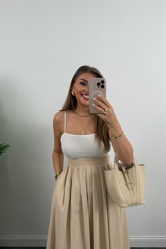 Maxi Boy Beli Kalın Lastikli Basic Kloş Poplin Etek Taş
