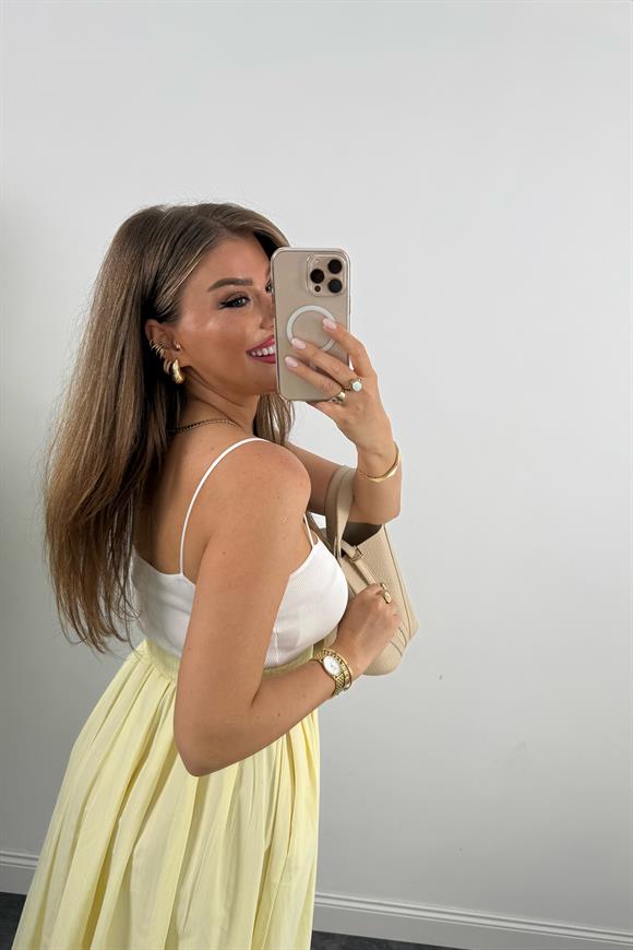 Maxi Boy Beli Kalın Lastikli Basic Kloş Poplin Etek Sarı