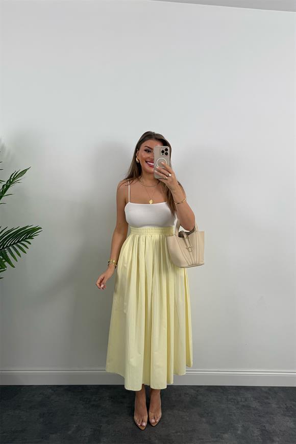 Maxi Boy Beli Kalın Lastikli Basic Kloş Poplin Etek Sarı