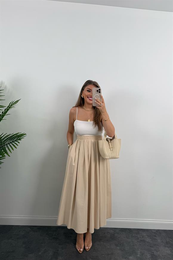 Maxi Boy Beli Kalın Lastikli Basic Kloş Poplin Etek Taş