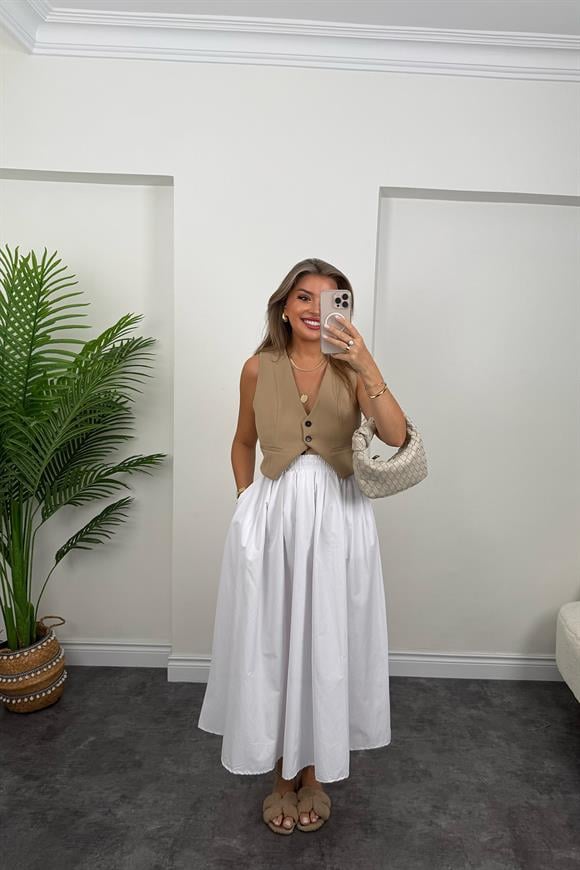 Maxi Boy Beli Kalın Lastikli Basic Kloş Poplin Etek Beyaz