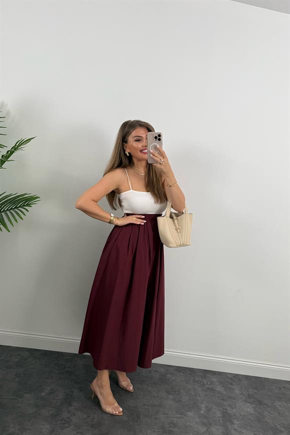 Maxi Boy Beli Kalın Lastikli Basic Kloş Poplin Etek Bordo