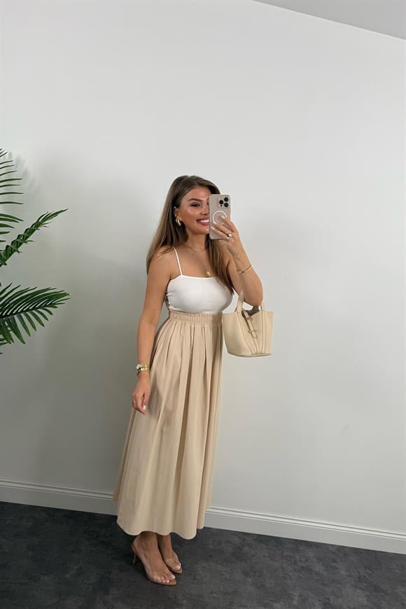 Maxi Boy Beli Kalın Lastikli Basic Kloş Poplin Etek Taş