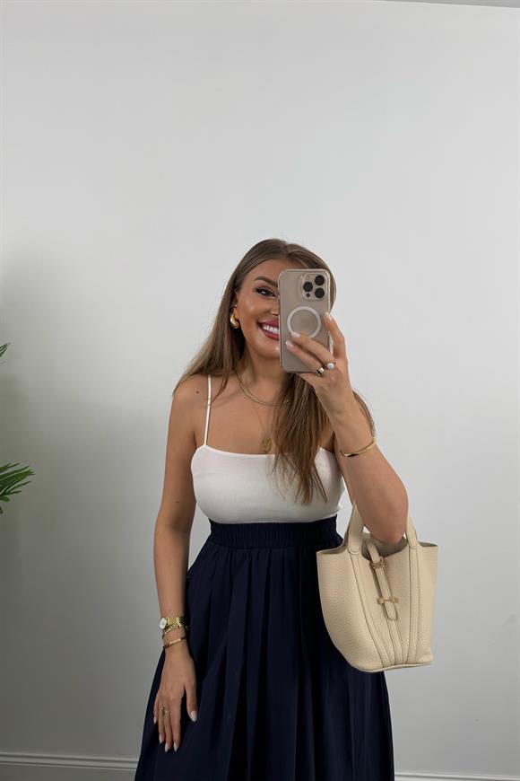 Maxi Boy Beli Kalın Lastikli Basic Kloş Poplin Etek Lacivert 