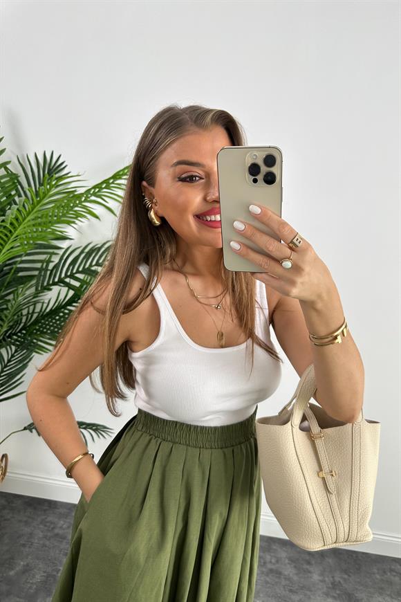 Maxi Boy Beli Kalın Lastikli Basic Kloş Poplin Etek Haki