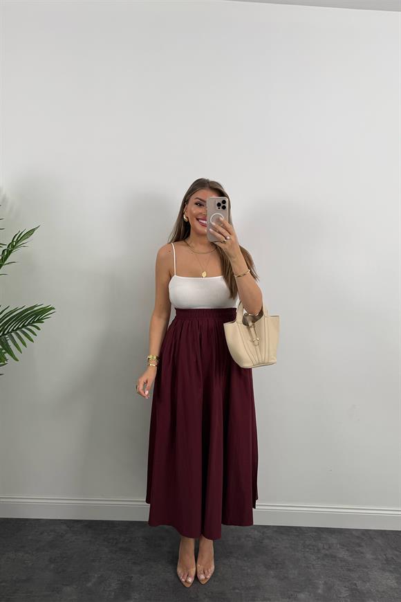 Maxi Boy Beli Kalın Lastikli Basic Kloş Poplin Etek Bordo
