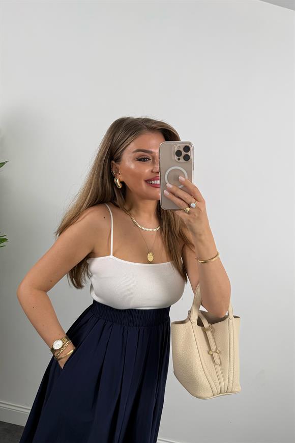 Maxi Boy Beli Kalın Lastikli Basic Kloş Poplin Etek Lacivert 