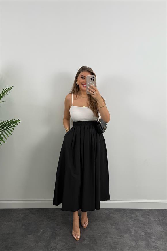 Maxi Boy Beli Kalın Lastikli Basic Kloş Poplin Etek Siyah 