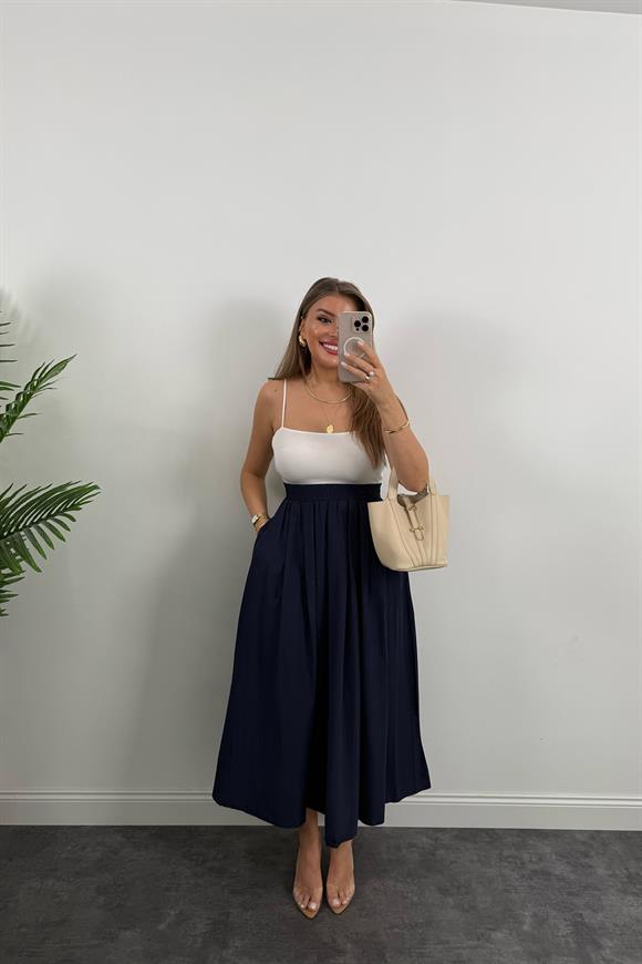 Maxi Boy Beli Kalın Lastikli Basic Kloş Poplin Etek Lacivert 