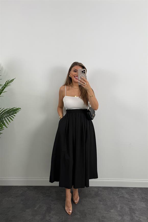 Maxi Boy Beli Kalın Lastikli Basic Kloş Poplin Etek Siyah 