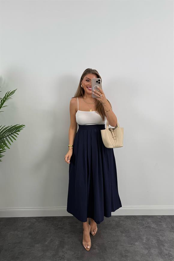 Maxi Boy Beli Kalın Lastikli Basic Kloş Poplin Etek Lacivert 