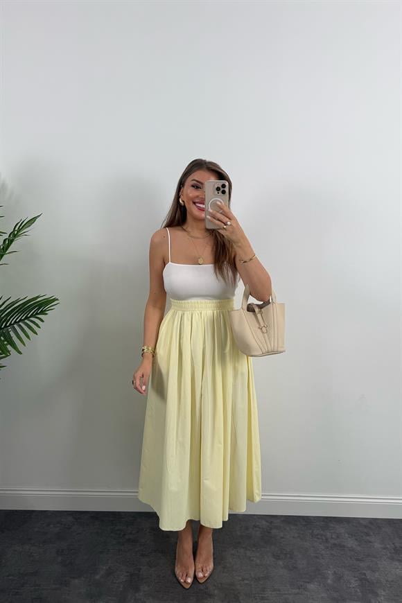 Maxi Boy Beli Kalın Lastikli Basic Kloş Poplin Etek Sarı