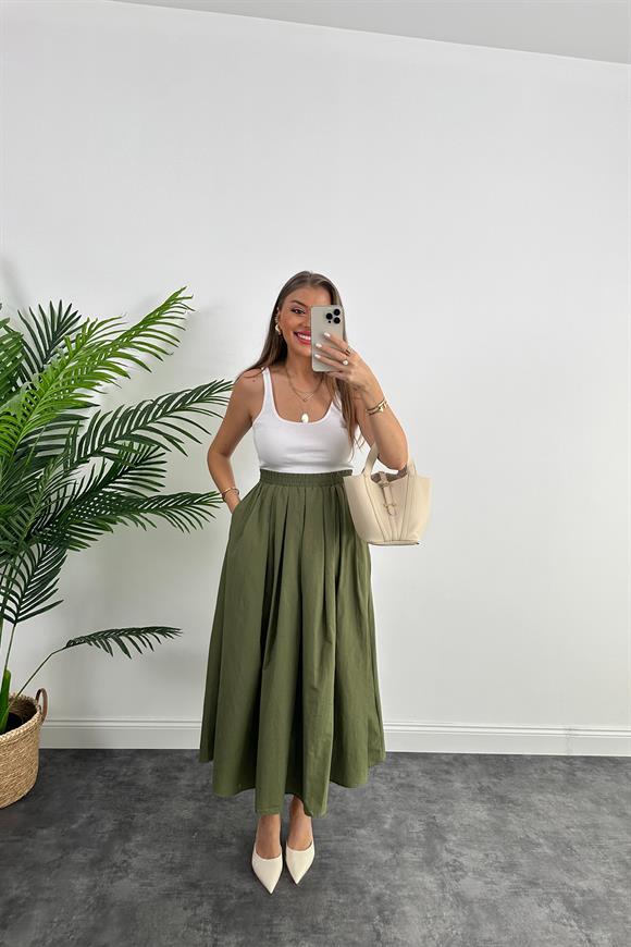 Maxi Boy Beli Kalın Lastikli Basic Kloş Poplin Etek Haki