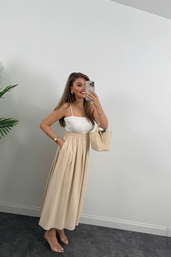 Maxi Boy Beli Kalın Lastikli Basic Kloş Poplin Etek Taş