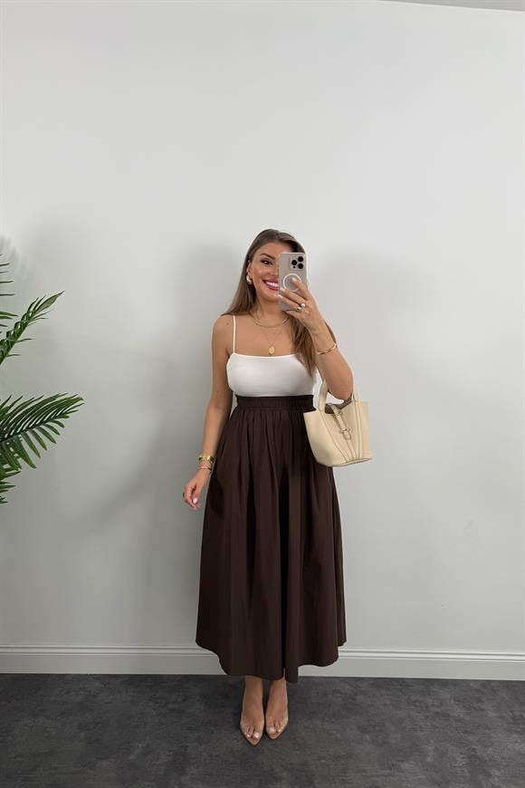 Maxi Boy Beli Kalın Lastikli Basic Kloş Poplin Etek Kahverengi