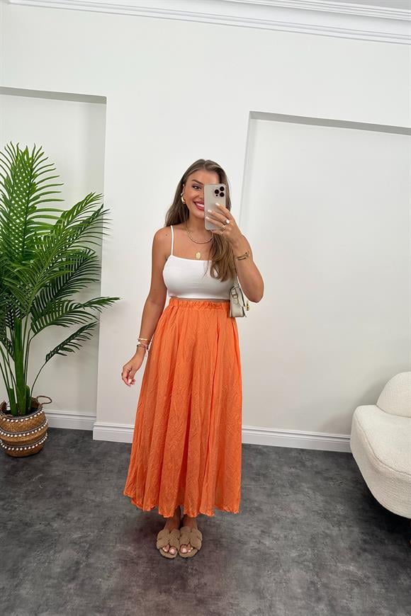 Maxi Boy Beli Lastikli Uçuş Etek Oranj