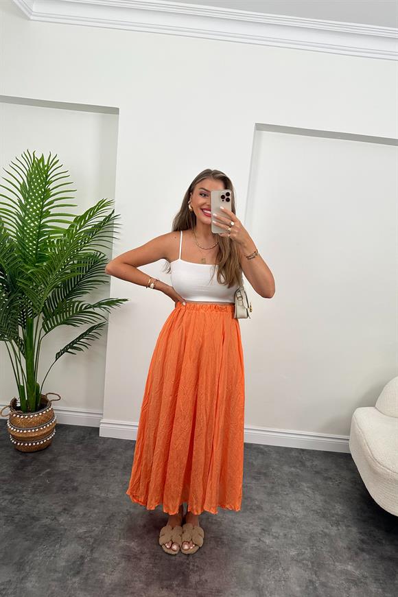Maxi Boy Beli Lastikli Uçuş Etek Oranj