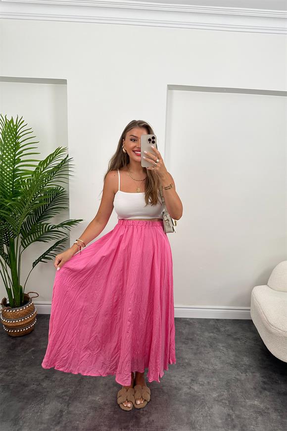 Maxi Boy Beli Lastikli Uçuş Etek Pembe