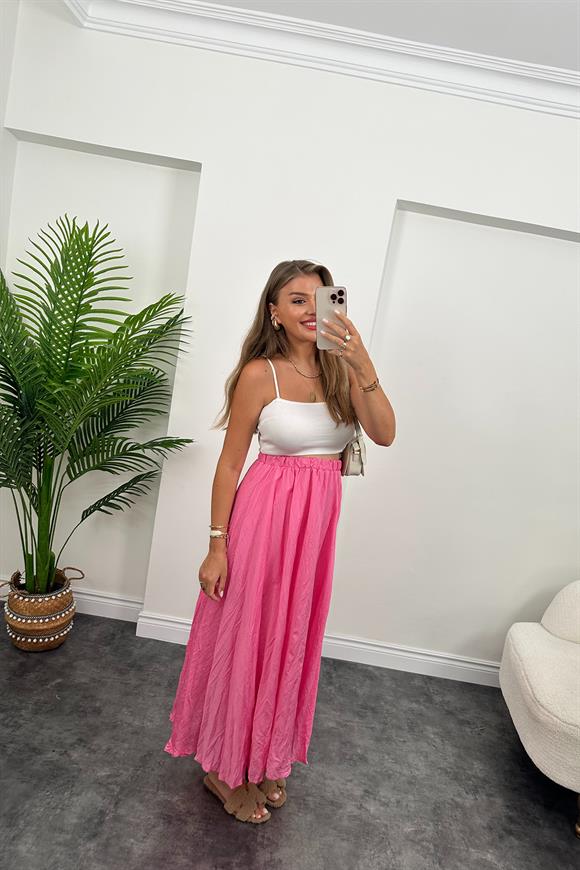 Maxi Boy Beli Lastikli Uçuş Etek Pembe