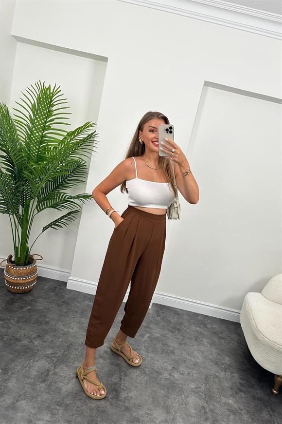 Meşhur Keten Aerobin Harem Pantolonumuz Acı Kahve 