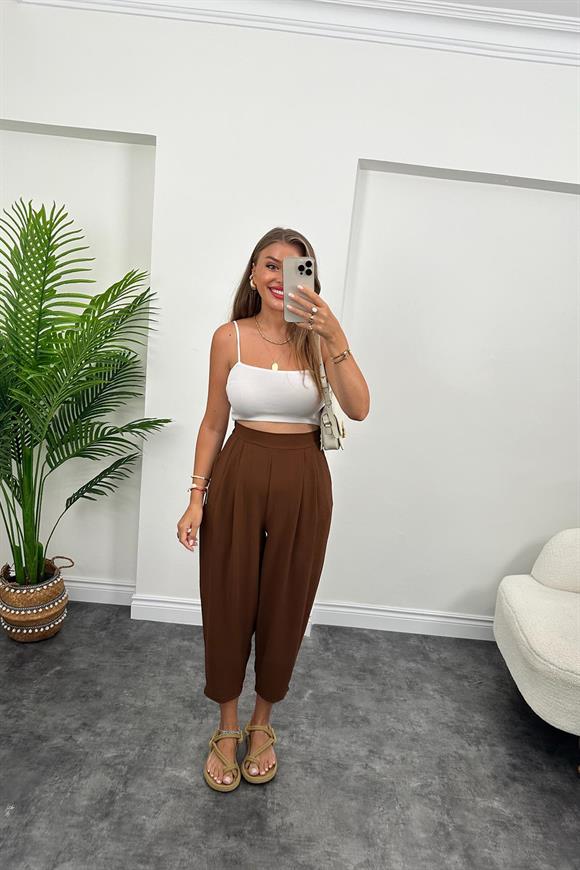 Meşhur Keten Aerobin Harem Pantolonumuz Acı Kahve 