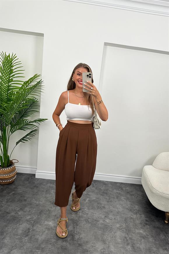 Meşhur Keten Aerobin Harem Pantolonumuz Acı Kahve 