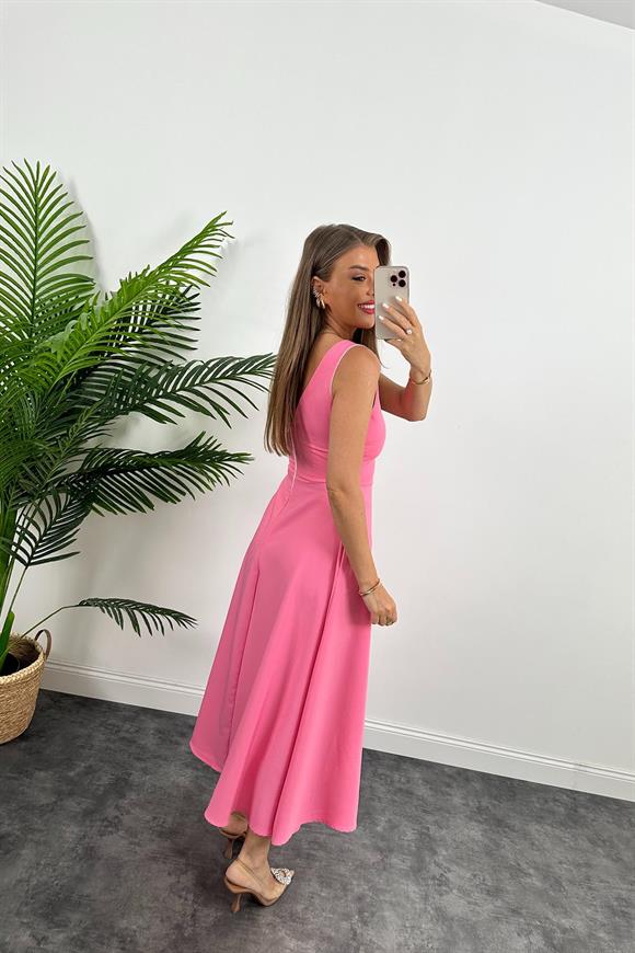 Midi Boy Double Atlas Kumaş Kloş Elbise Pembe