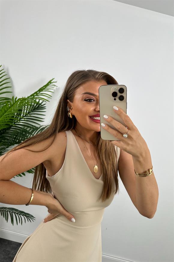 Midi Boy Double Atlas Kumaş Kloş Elbise Taş