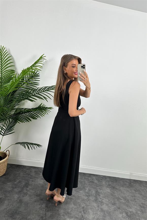 Midi Boy Double Atlas Kumaş Kloş Elbise Siyah