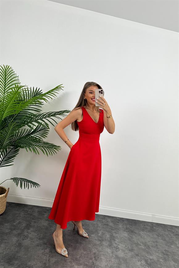 Midi Boy Double Atlas Kumaş Kloş Elbise Kırmızı