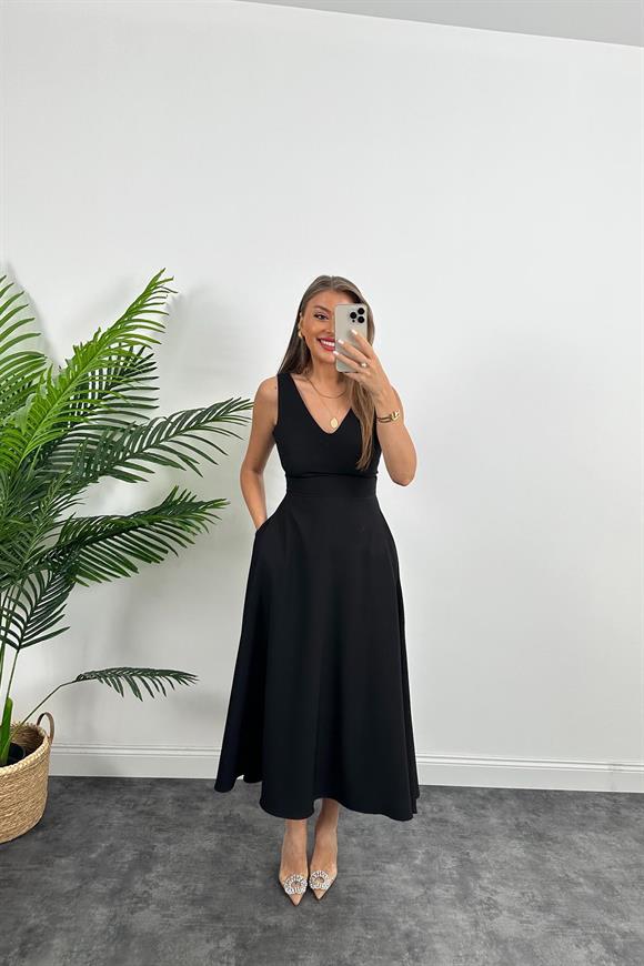 Midi Boy Double Atlas Kumaş Kloş Elbise Siyah