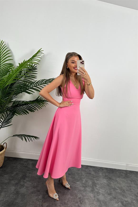 Midi Boy Double Atlas Kumaş Kloş Elbise Pembe