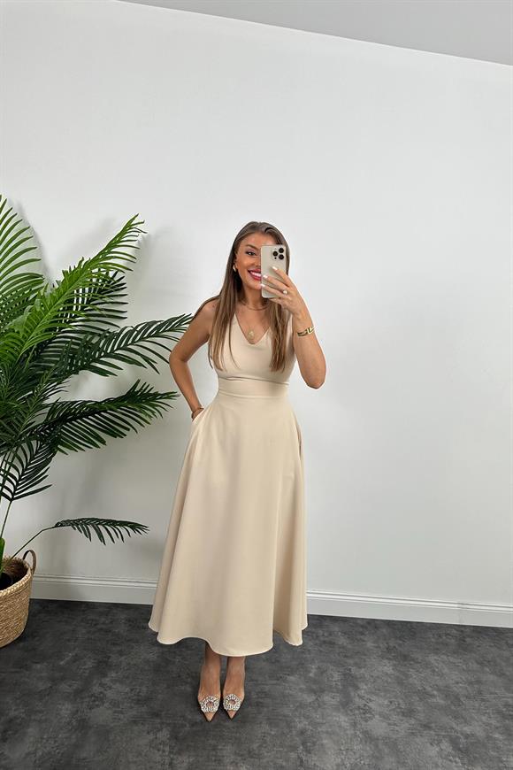 Midi Boy Double Atlas Kumaş Kloş Elbise Taş